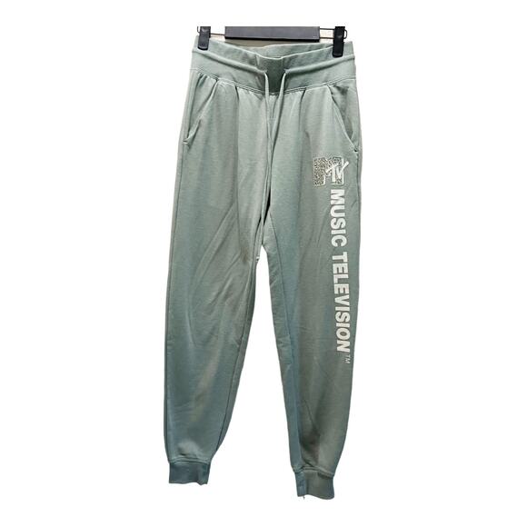 MTV Music Television Sweatpants Jogger Green Stretch Logo Drawstring Sz XS - Picture 1 of 6